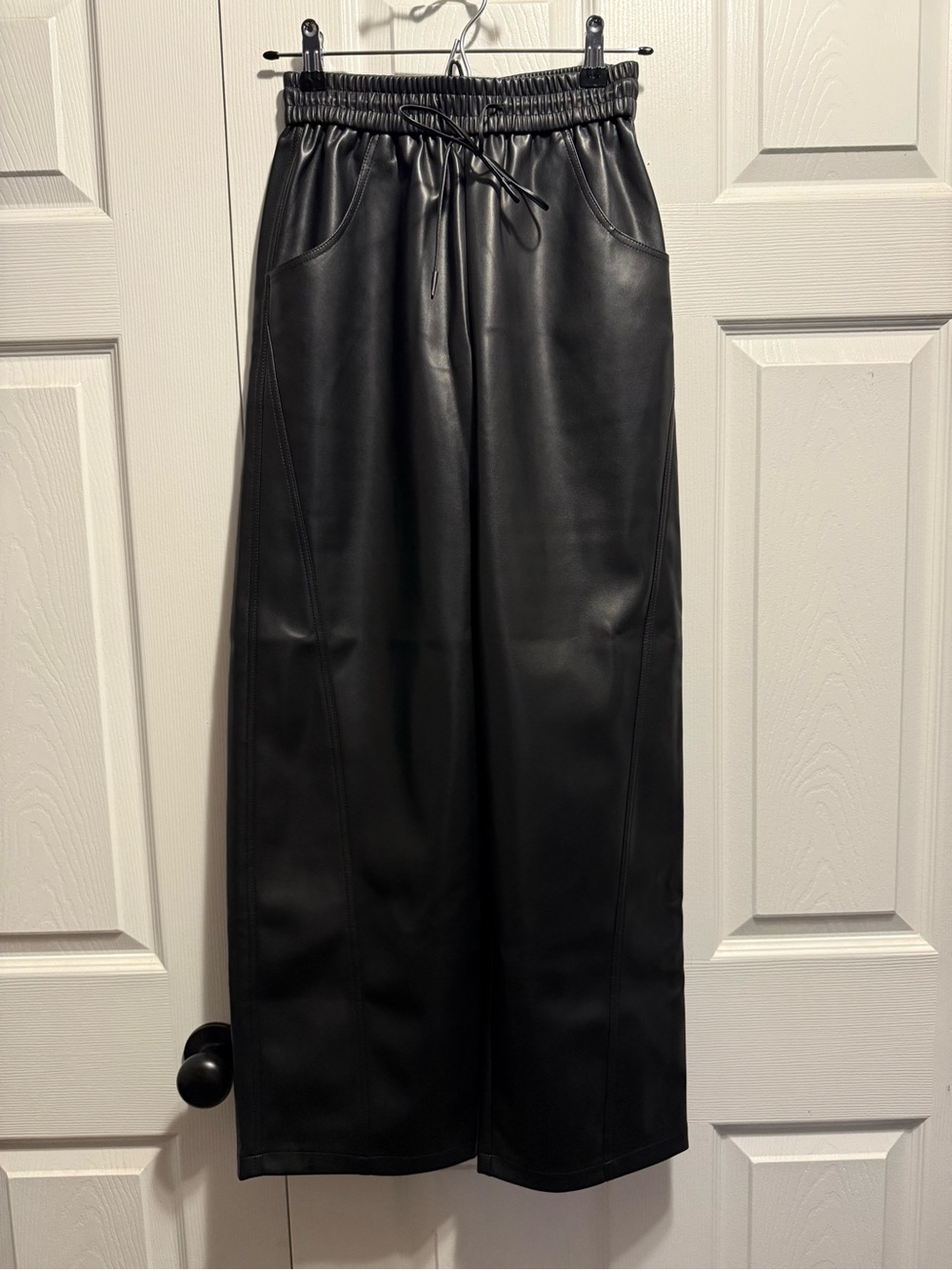 Black Faux Leather Wide-Leg pants with Elastic Waist